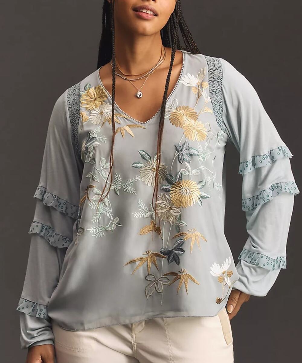 Anthropologie Tiny Floral Embroidered Blue Frances Top Medium Long-Sleeve Ruffle